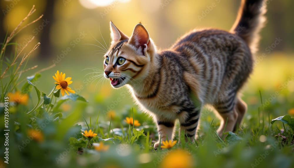 Obraz premium Playful kitten exploring a field of blooming flowers, showcasing the beauty of nature and the joy of discovery.