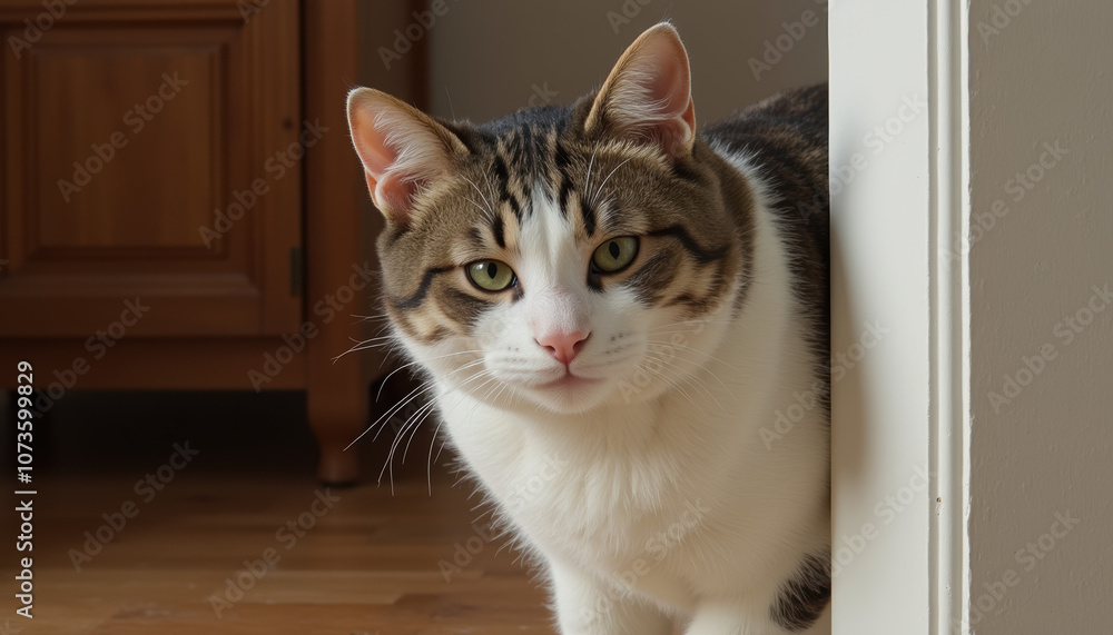 Curious cat peeking around a corner in a cozy home setting, showcasing its playful and adventurous spirit. Curious cat peeking around a corner in a cozy home setting, showcasing its playful and adventurous spirit.