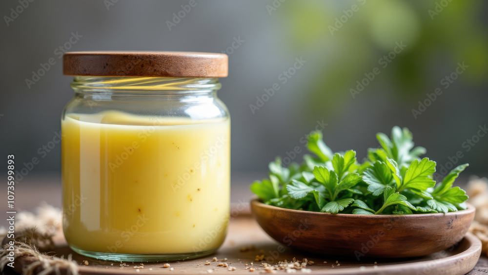 Melted yellow butter on jar lid next to green herb. Melted yellow butter on jar lid next to green herb.