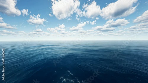 A vast expanse of blue ocean stretches out under a sky filled with fluffy white clouds