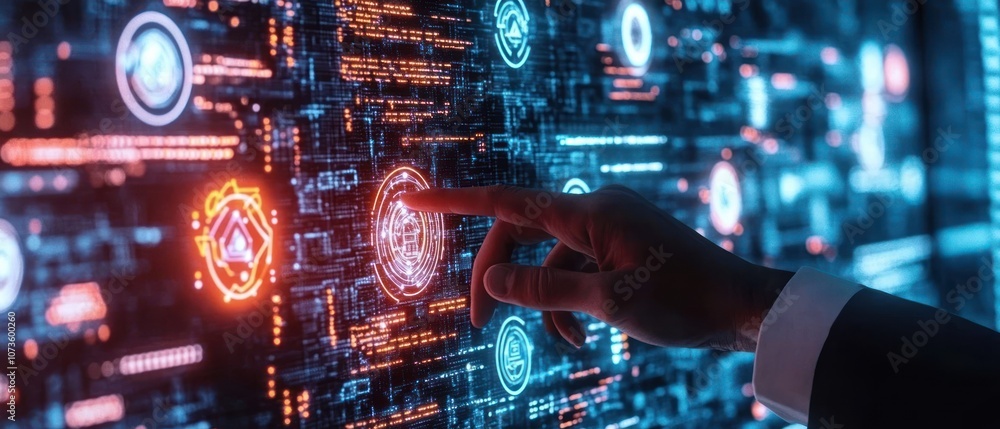 A hand interacts with a digital interface displaying various glowing icons and data.