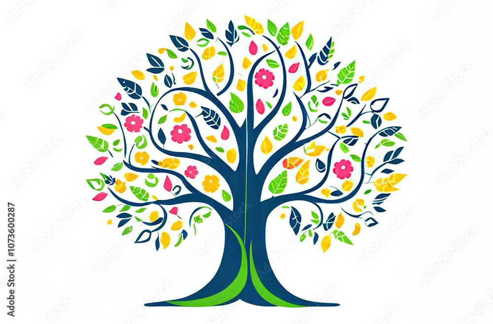 Abstract tree illustration with colorful leaves in red, green, yellow, and blue, representing growth and harmony Abstract tree illustration with colorful leaves in red, green, yellow, and blue, representing growth and harmony