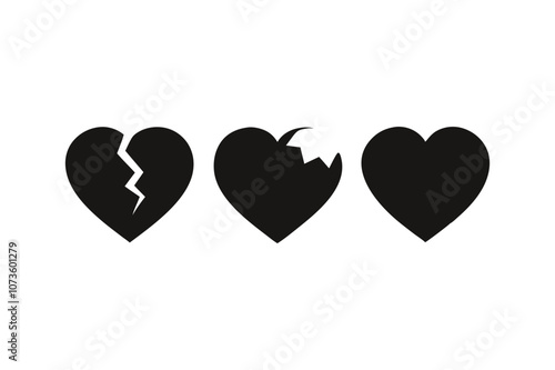 A set of three heart icons, whole, broken and healed silhouette black vector art illustration.