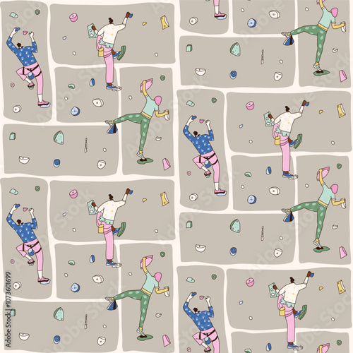 Climbers at bouldering park seamless pattern. Indoor activities endless background. Cliff wall continuous ornament. Vector hand drawn illustration.