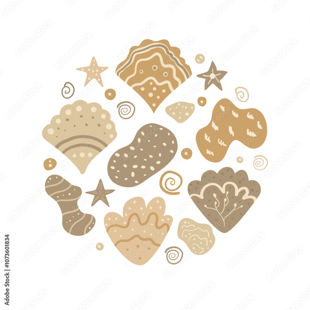 Coastal circular emblem. Seashells, starfish, and abstract shapes Vector hand drawn flat illustration. Coastal circular emblem. Seashells, starfish, and abstract shapes Vector hand drawn flat illustration.