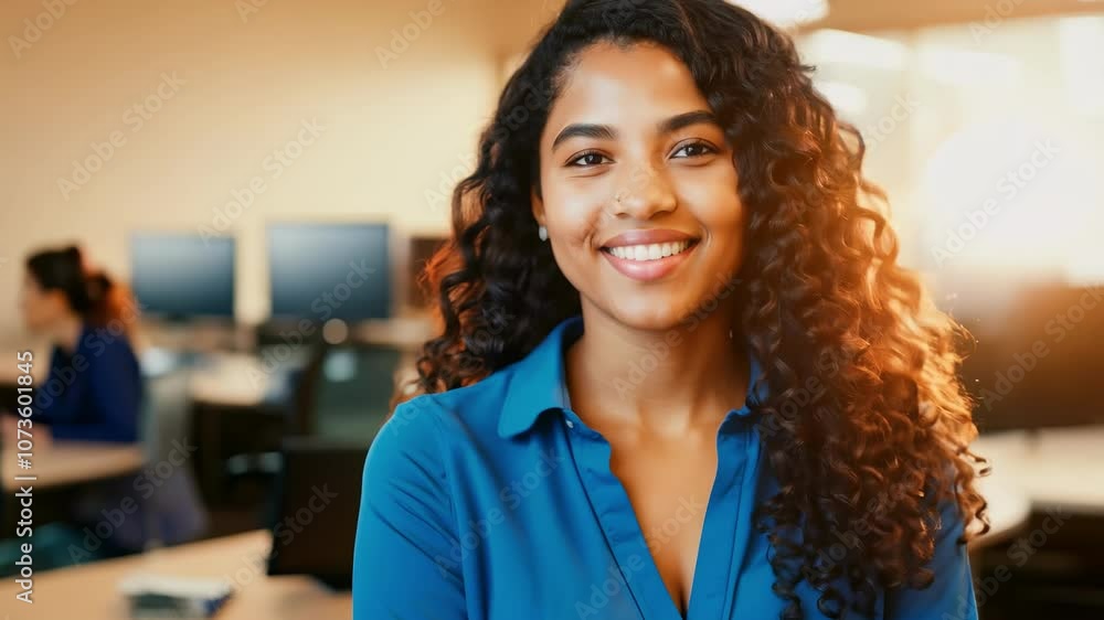 Confident professional smiling in sunlit office environment during busy workday Confident professional smiling in sunlit office environment during busy workday