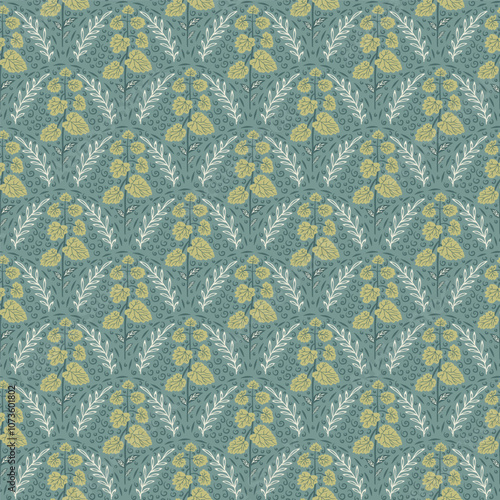 Heuchera leaves scallop seamless pattern. Stylized foliage with frames endless background. Surface pattern design plant motif. Vector hand drawn flat illustration.