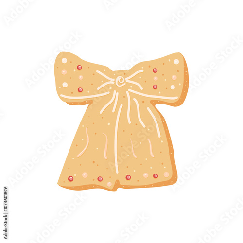 Gingerbread bow cookie isolated on white background. Homemade festive baking in bowknot shape. Christmas sweet dessert with frosting decor. Vector hand drawn flat illustration
