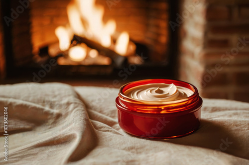 Rich body cream in a red container on a beige linen sheet next to a warm and cozy fireplace. Creative skin product design.