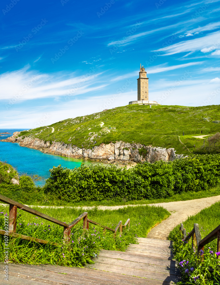View of the Tower of Hercules, A Coruna, Galicia, Spain