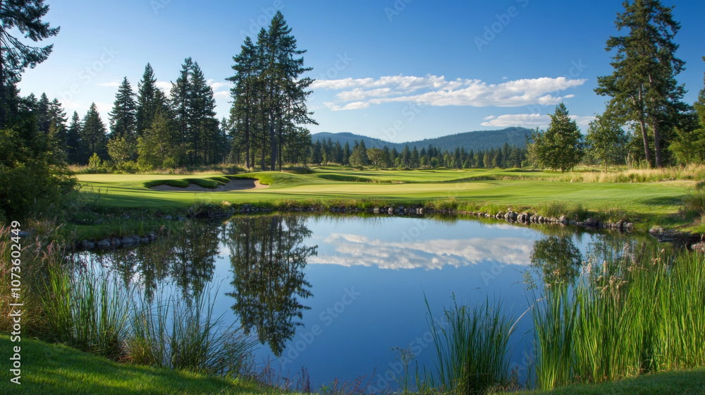 Fototapeta premium Idyllic Golf Course Pond Reflecting Surrounding Picturesque Landscape