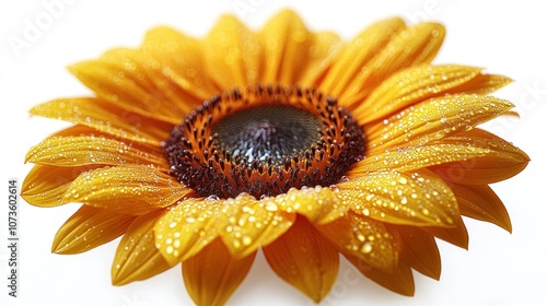 A close-up of a vibrant sunflower with water droplets.