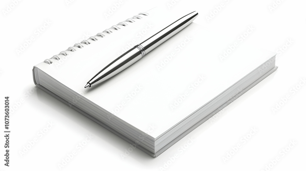 Blank spiral bound notebook with silver pen on top, isolated on white background. Blank spiral bound notebook with silver pen on top, isolated on white background.