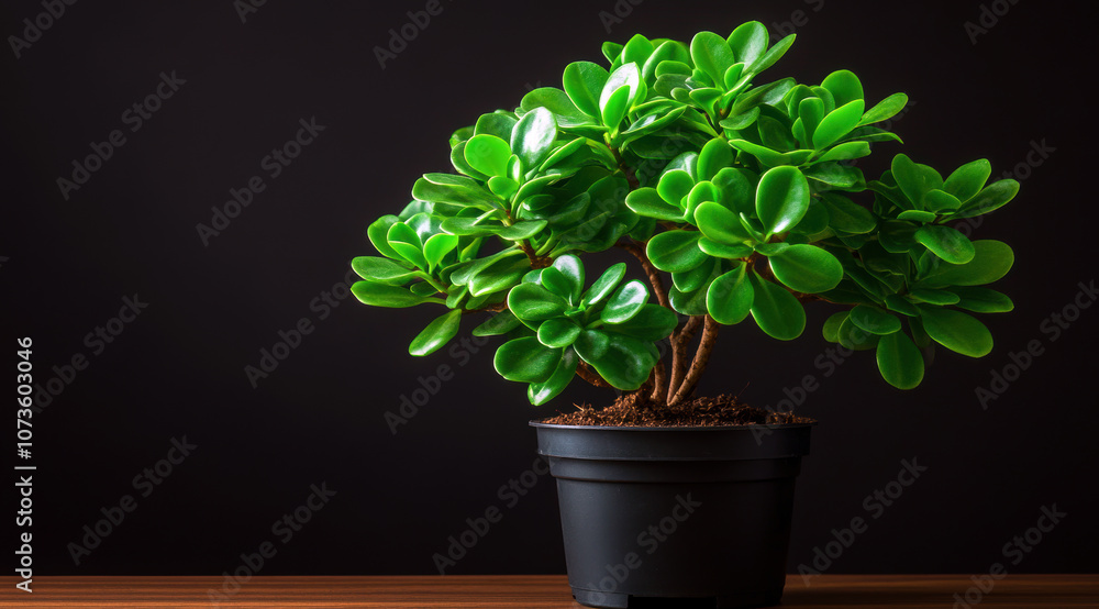 A vibrant, healthy potted plant showcasing lush green leaves, resting against a dark backdrop, perfect for enhancing interior spaces and bringing a touch of nature indoors. A vibrant, healthy potted plant showcasing lush green leaves, resting against a dark backdrop, perfect for enhancing interior spaces and bringing a touch of nature indoors.