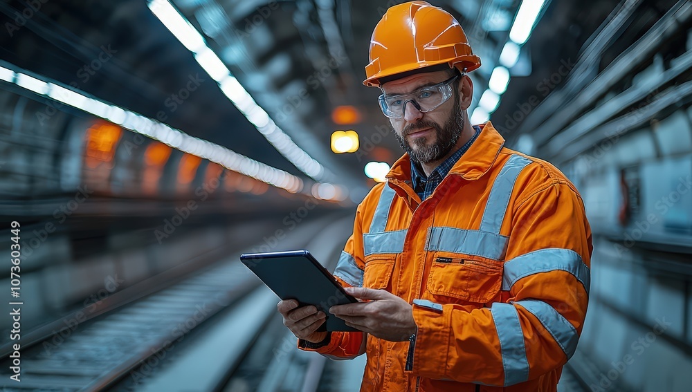 An engineer in an orange safety jacket and hard hat is standing inside the tunnel, holding a tablet computer with both hands. 
