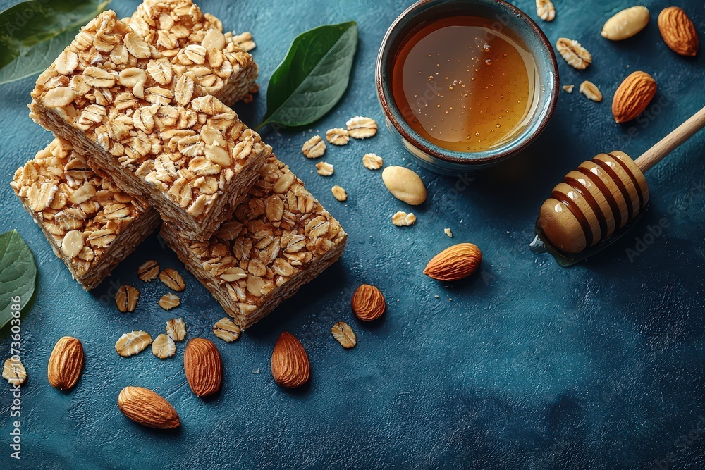 Arrangement of granola bars, almonds, and honey sticks on a blue background Arrangement of granola bars, almonds, and honey sticks on a blue background