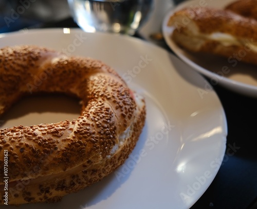 Close up delicious sesame simit bread beautifully served on plate