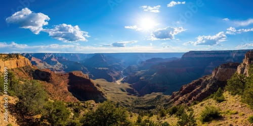 Witness the breathtaking beauty of the Grand Canyon, where layered rock formations and vibrant colors meet under a brilliant sky, creating a mesmerizing natural landscape. photo