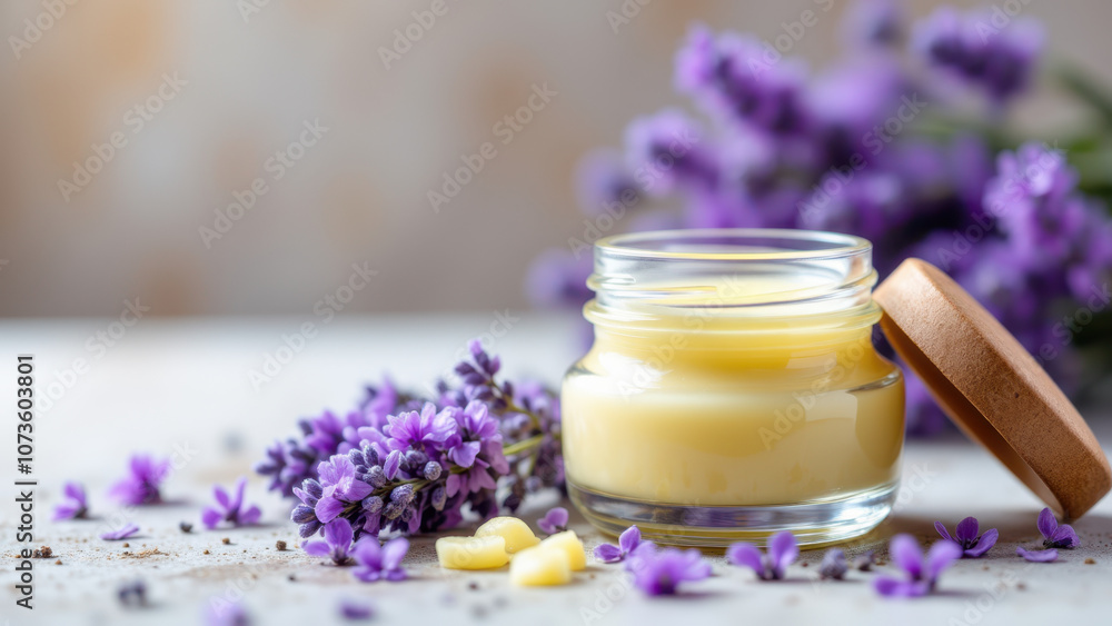 This is an image of a jar containing a yellow substance, likely beef tallow or butter, with purple flowers scattered around it and on a table. This is an image of a jar containing a yellow substance, likely beef tallow or butter, with purple flowers scattered around it and on a table.