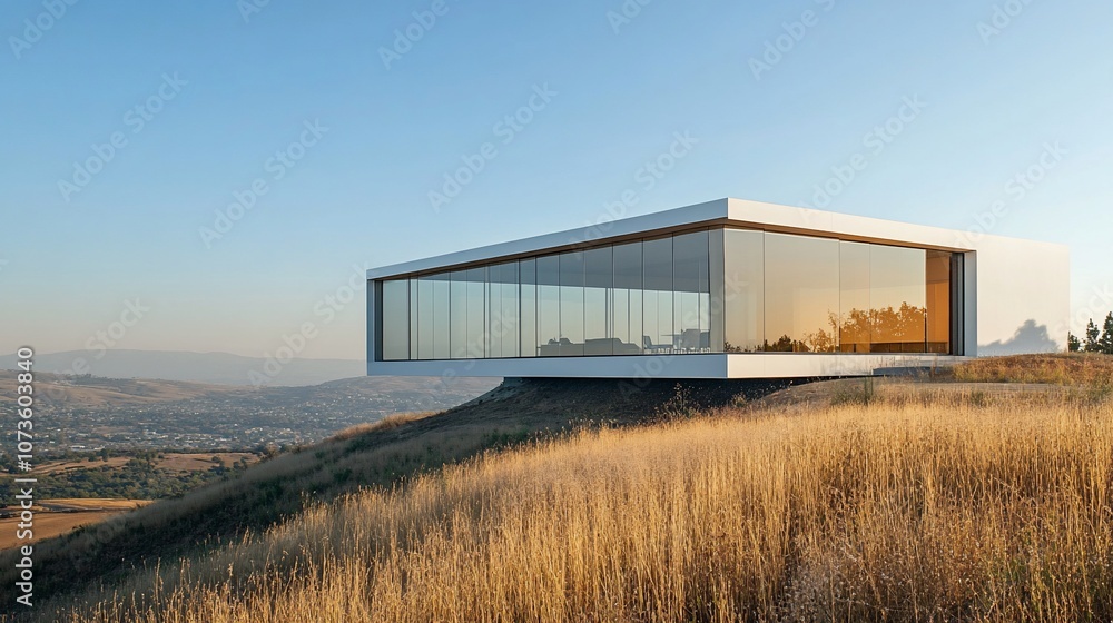 Modern white house with large windows overlooking a valley, with a clear blue sky. Modern white house with large windows overlooking a valley, with a clear blue sky.