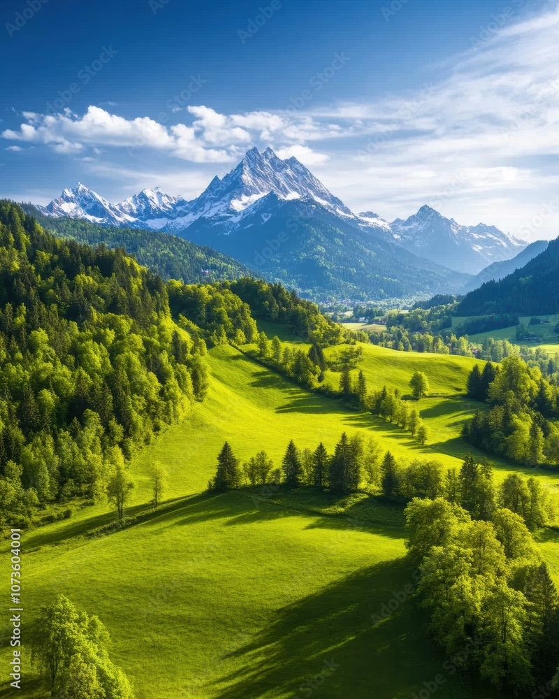 A breathtaking view of lush green hills and snow-capped mountains under a vibrant blue sky, showcasing the beauty of nature?s landscape in perfect harmony. A breathtaking view of lush green hills and snow-capped mountains under a vibrant blue sky, showcasing the beauty of nature?s landscape in perfect harmony.