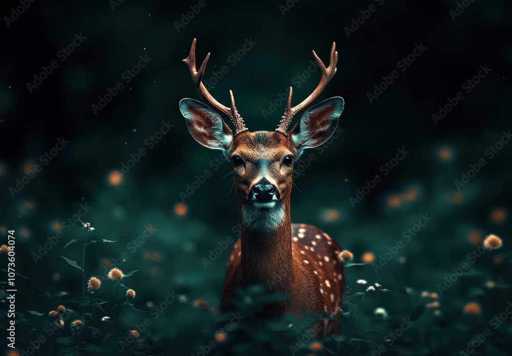 Fototapeta premium A stunning stag stands gracefully amidst lush greenery and delicate flowers, showcasing its characteristic antlers and charming features, embodying the tranquility of nature's beauty.