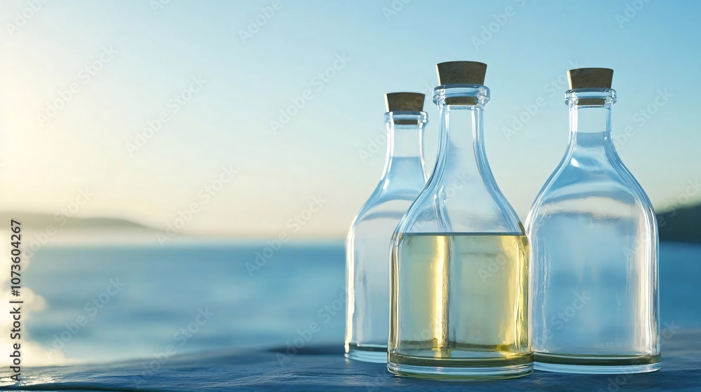 Glass Bottles with Sea and Sky Background Glass Bottles with Sea and Sky Background