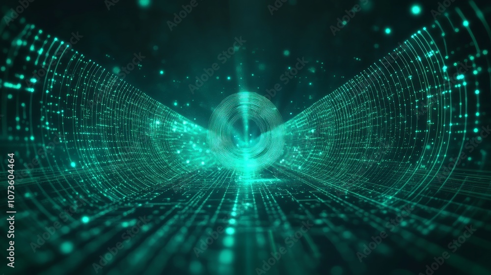 Abstract digital tunnel with glowing lights and particles in a dark background. Abstract digital tunnel with glowing lights and particles in a dark background.