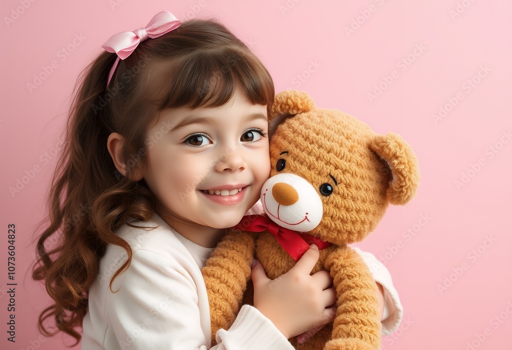 Happy Little Girl Hugging Teddy Bear on Pink Background Happy Little Girl Hugging Teddy Bear on Pink Background
