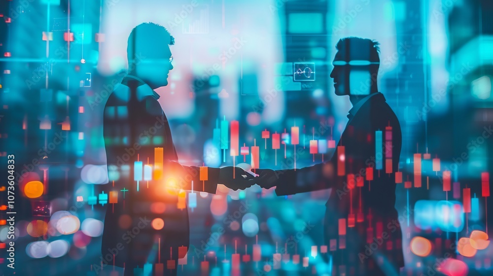 Silhouettes of Businessmen Shaking Hands Against a Background of Financial Charts and City Lights Silhouettes of Businessmen Shaking Hands Against a Background of Financial Charts and City Lights
