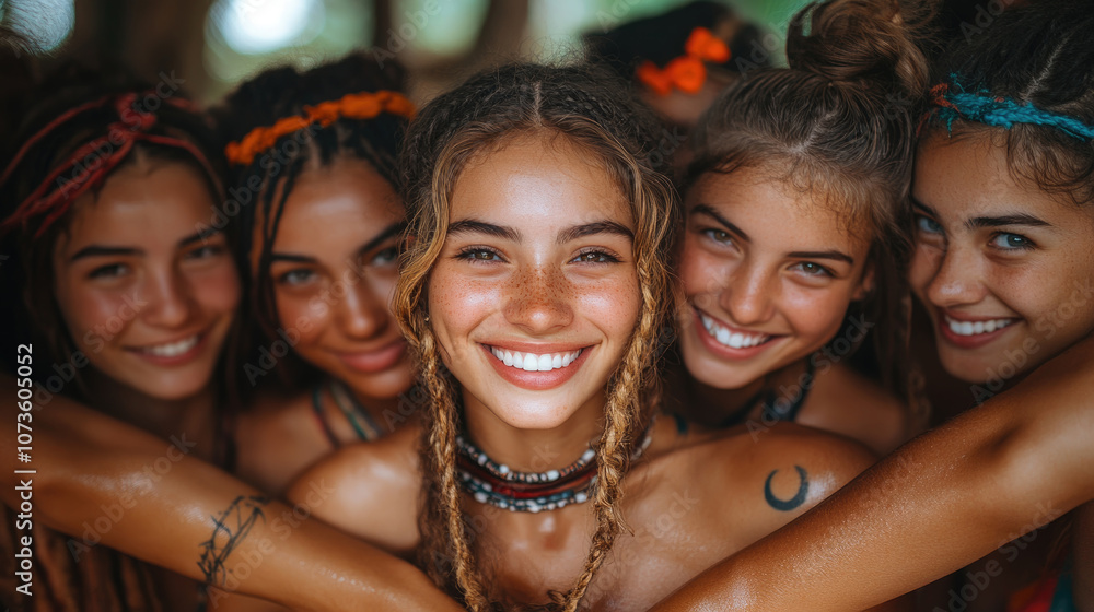 Five smiling young women with braided hair gather together, radiating joy and friendship on a tropical beach under the warm sun Five smiling young women with braided hair gather together, radiating joy and friendship on a tropical beach under the warm sun