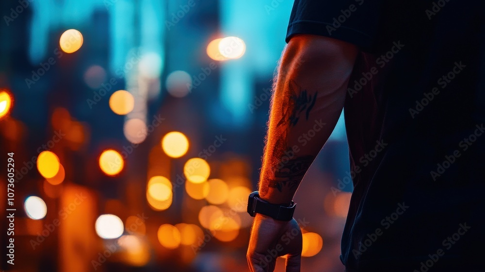 A person's arm with a tattoo, illuminated by urban city lights at twilight. A person's arm with a tattoo, illuminated by urban city lights at twilight.