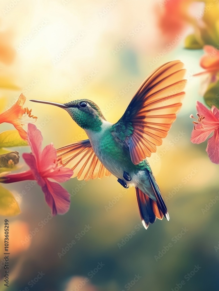 Fototapeta premium A vibrant hummingbird flits among blooming flowers, showcasing its stunning plumage and delicate wings. This enchanting scene captures the essence of nature's beauty and tranquility.