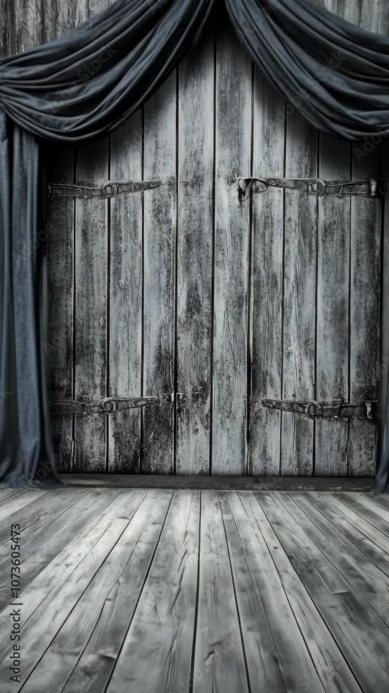 A pair of old wooden doors is framed by black curtains A pair of old wooden doors is framed by black curtains