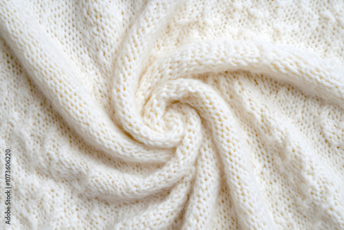 Background of top view of soft warm textile texture with swirl of waves of casual sweater of cardigan cloth knitted from wool or merino yarn of beige white colour used as comfortable winter fabric photo