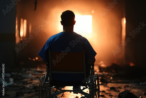 A silhouetted man in a wheelchair observes a glowing light through the haze, symbolizing hope and strength in adversity. An evocative scene of human endurance and determination. photo