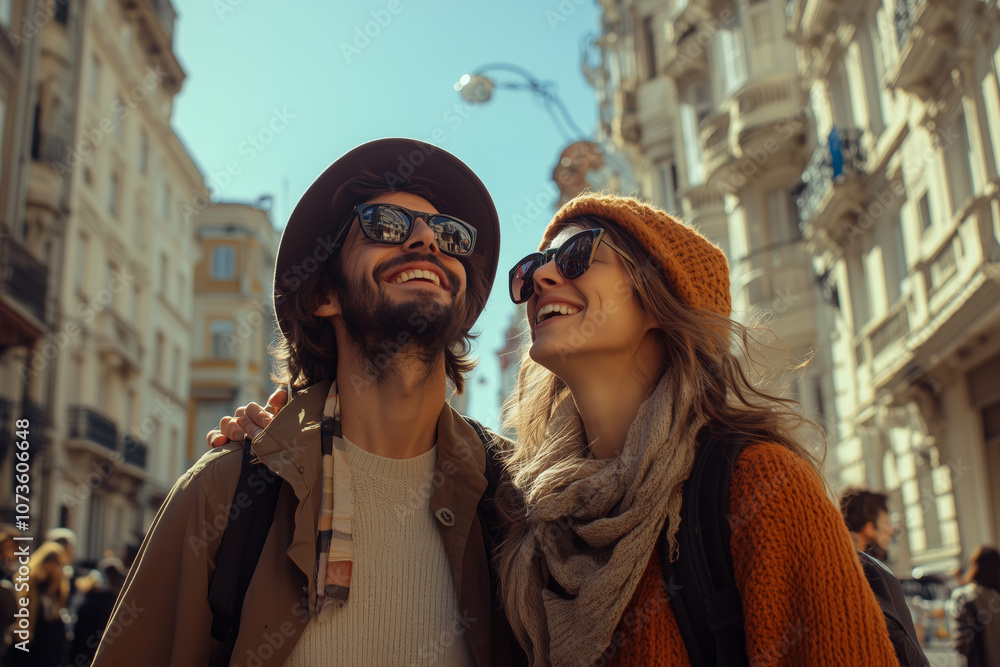 Joyful couple exploring a charming city street on a sunny afternoon Joyful couple exploring a charming city street on a sunny afternoon