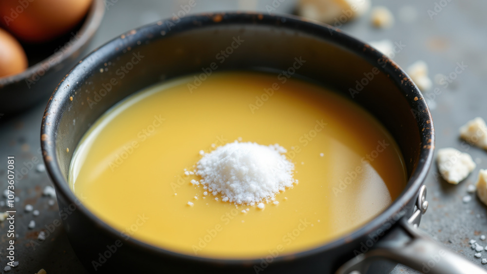 A close-up of a pan with simmering beef broth, topped with freshly sprinkled salt flakes. A close-up of a pan with simmering beef broth, topped with freshly sprinkled salt flakes.