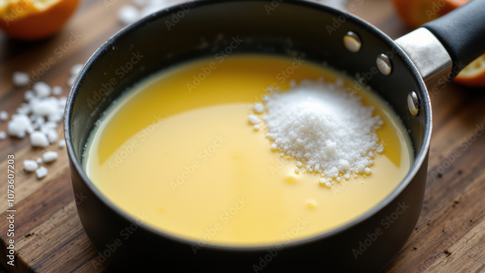 Beef tallow being heated in a skillet on a wooden cutting board with oranges in the background. Beef tallow being heated in a skillet on a wooden cutting board with oranges in the background.