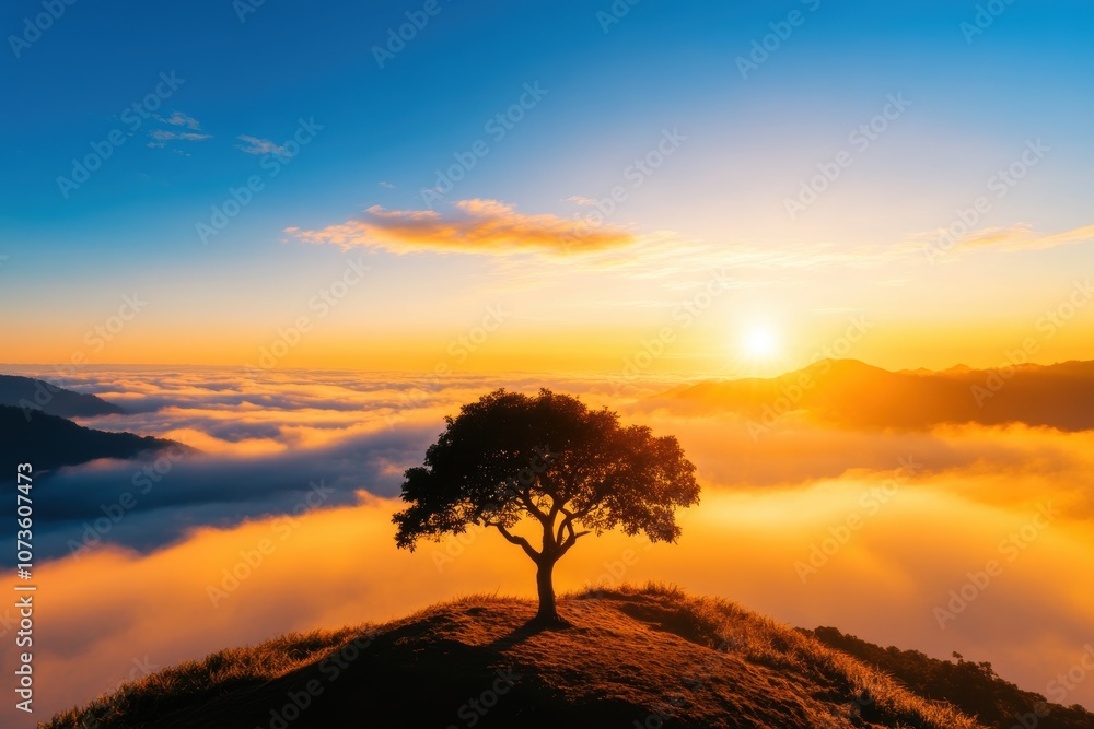 Fototapeta premium A breathtaking sunrise paints the sky in vibrant hues, illuminating a solitary tree atop a hill, standing proudly amidst a sea of clouds, creating a peaceful and serene landscape.