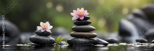 Spa concept with zen basalt stones with flowers