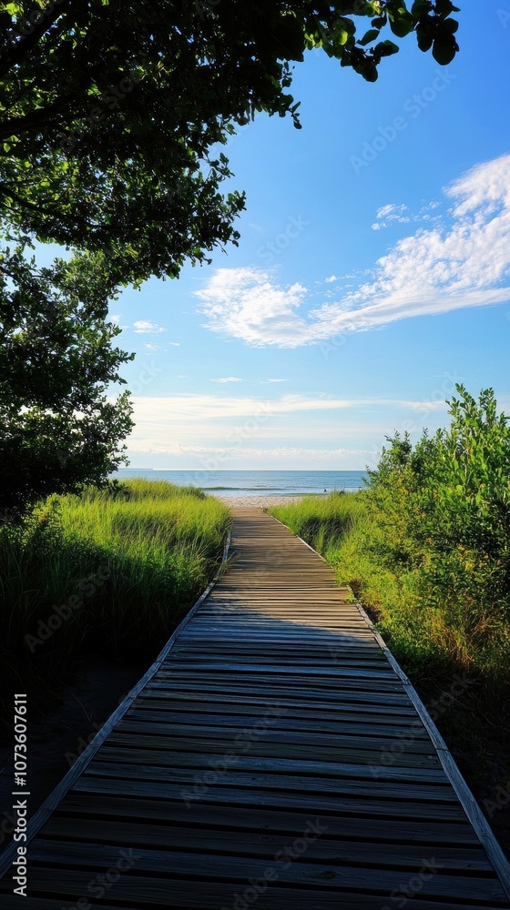 A tranquil wooden walkway leads through lush greenery towards a serene beach, framed by a clear blue sky and gentle waves, inviting reflection and relaxation in nature. A tranquil wooden walkway leads through lush greenery towards a serene beach, framed by a clear blue sky and gentle waves, inviting reflection and relaxation in nature.