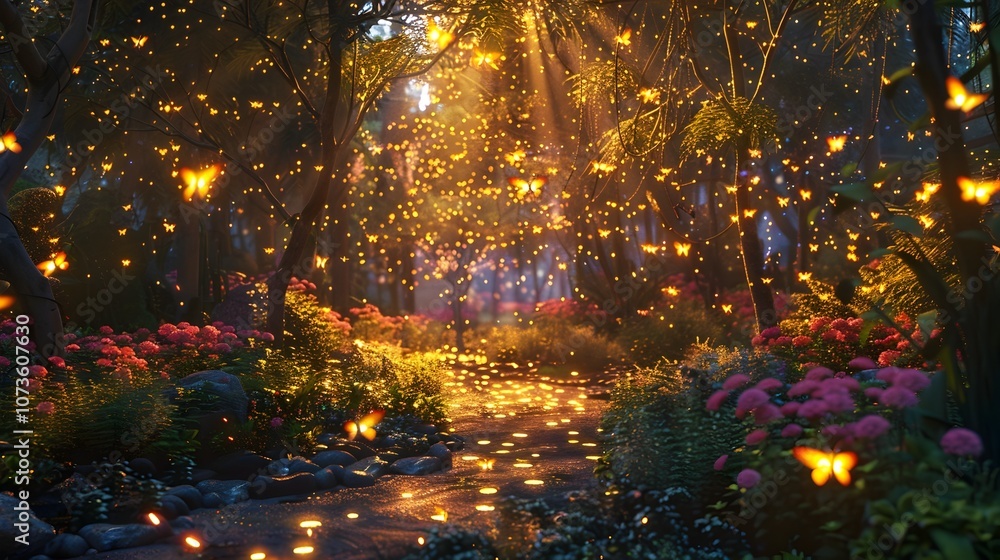 Naklejka premium Futuristic Garden Holography Fireflies Celebrating the Summer Solstice