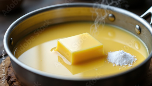 A close-up photo of a pot with melted yellow liquid, likely butter or beef tallow, on a stovetop with steam rising. photo