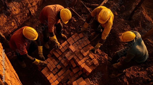 Workers in helmets carefully stacking bricks at a construction site during sunset. photo