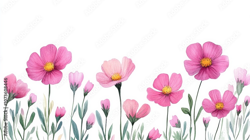 Watercolor Pink Cosmos Flowers Illustration Watercolor Pink Cosmos Flowers Illustration