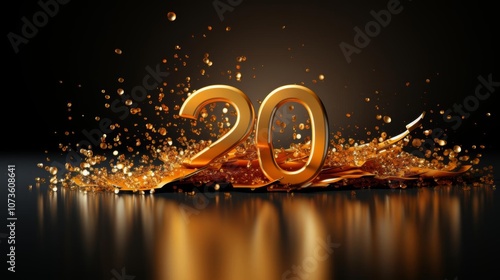 A gold number twenty is surrounded by glittering gold