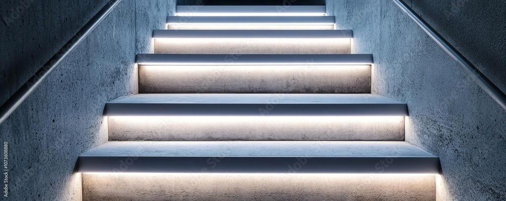 Cold white LED lights illuminating concrete stairs, urban and minimalistic, stark mood Cold white LED lights illuminating concrete stairs, urban and minimalistic, stark mood
