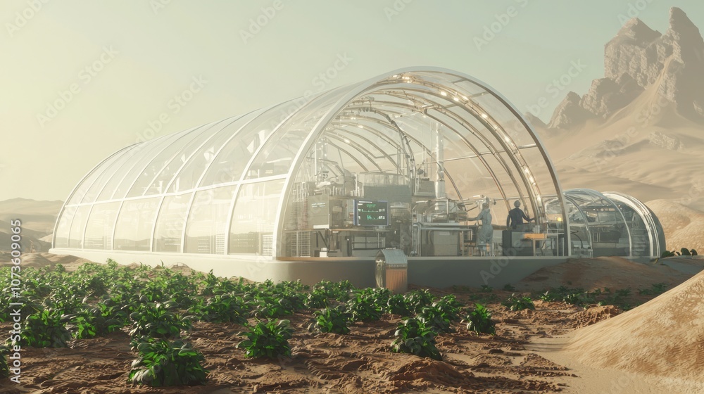 Futuristic Desert Agriculture: Advanced Solar-Powered Irrigation Systems Nurturing Vibrant Crops in Arid Landscape - 3D Render