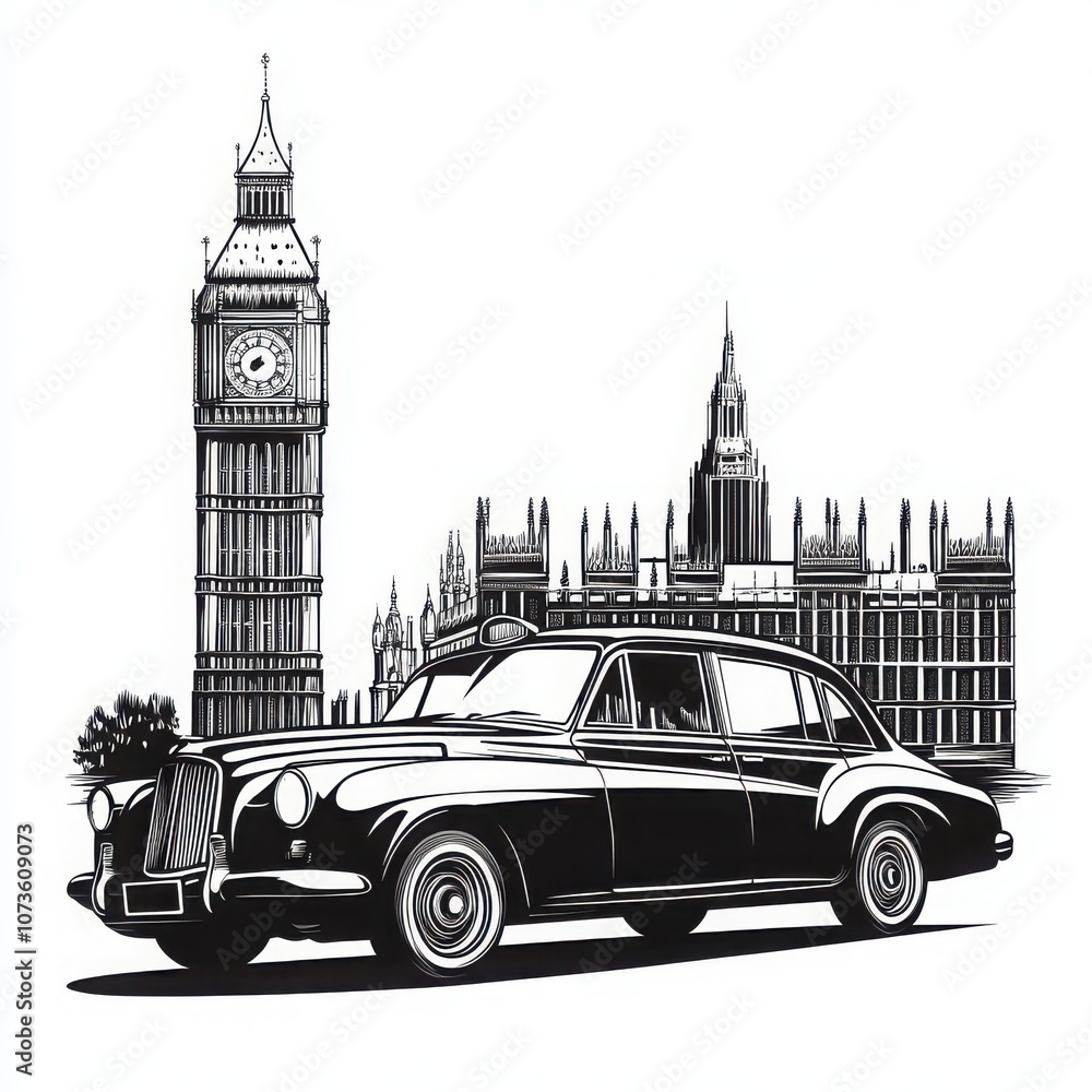 Fototapeta premium Classic New York taxi vector illustration with Big Ben in the background, drawn in a retro style. The taxi is in a side view, with flat shading and bold outlines, minimal detail